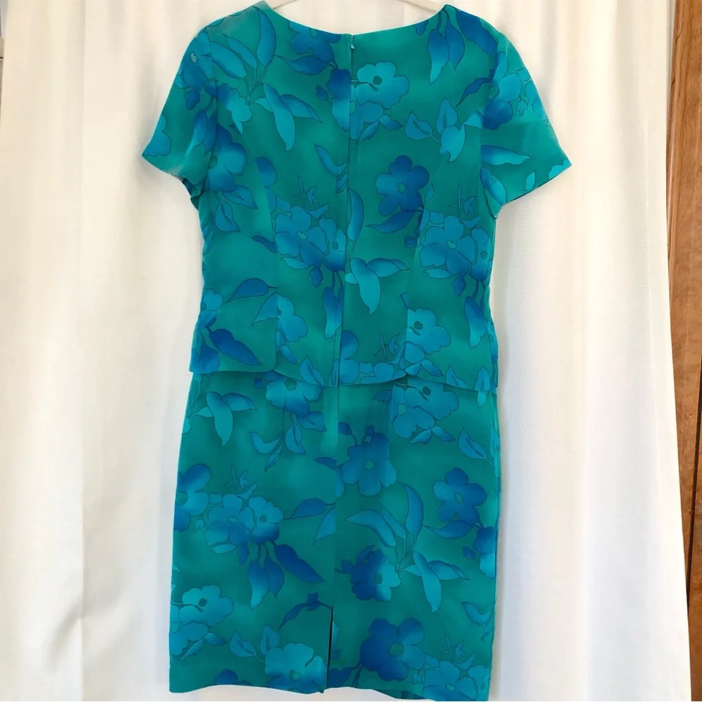 Silk dress Maggy London beautiful
 Floral Blue green sheath Vintage 12 P - Picture 2 of 9